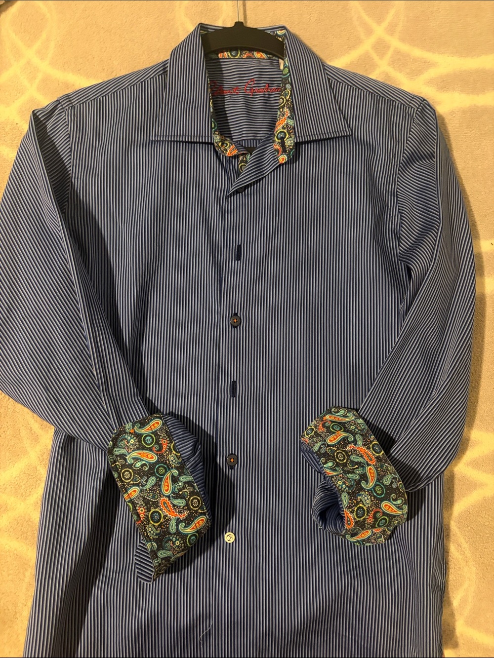 Robert Graham Blue Pinstripe Button-Down with Paisley Trim